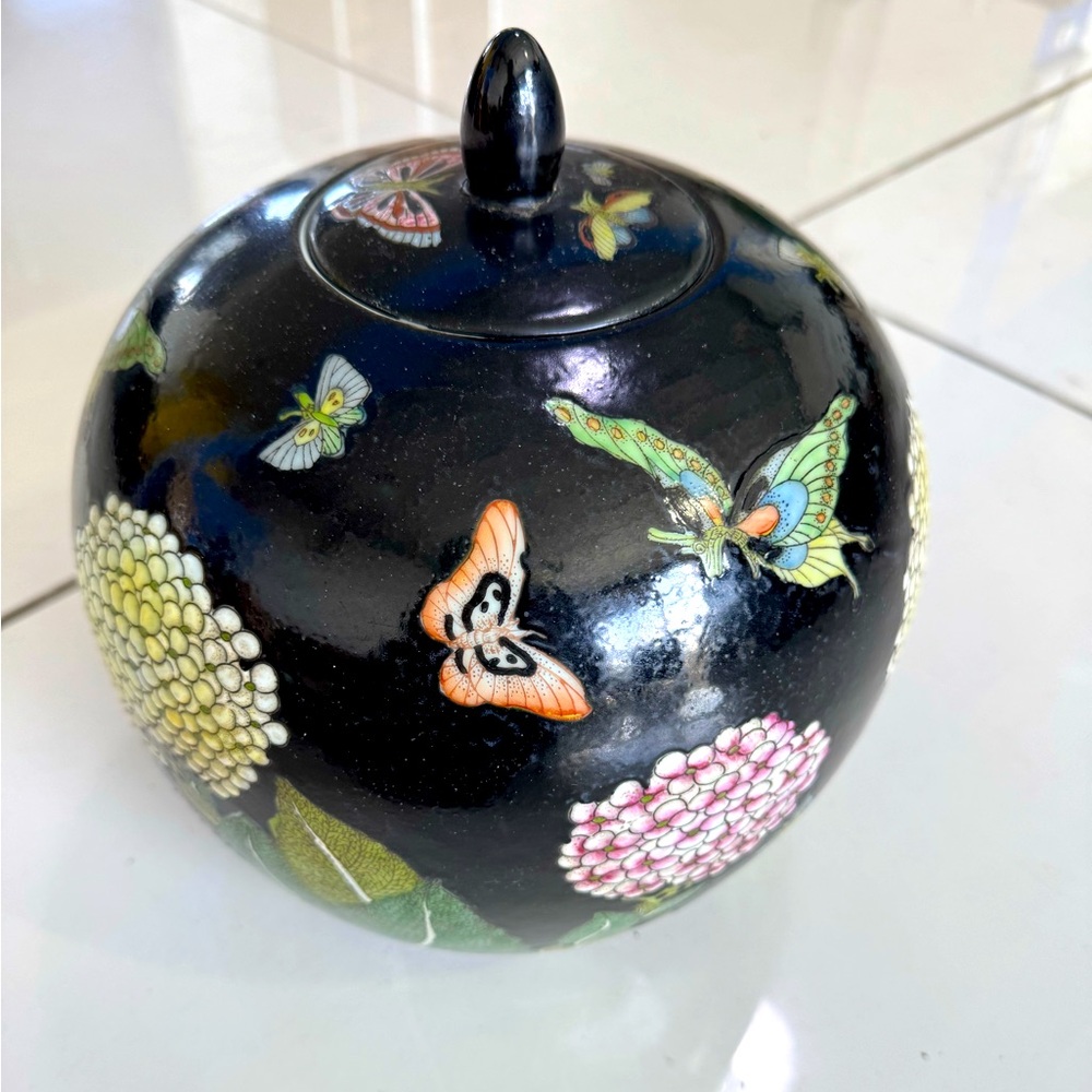 Maitland Smith Chinese Black Ceramic Ginger Jar with Butterfly Design